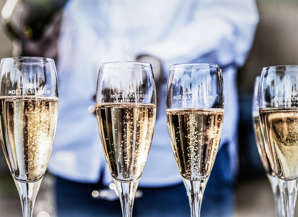 Four glasses of champagne served for a New Year's Eve event.