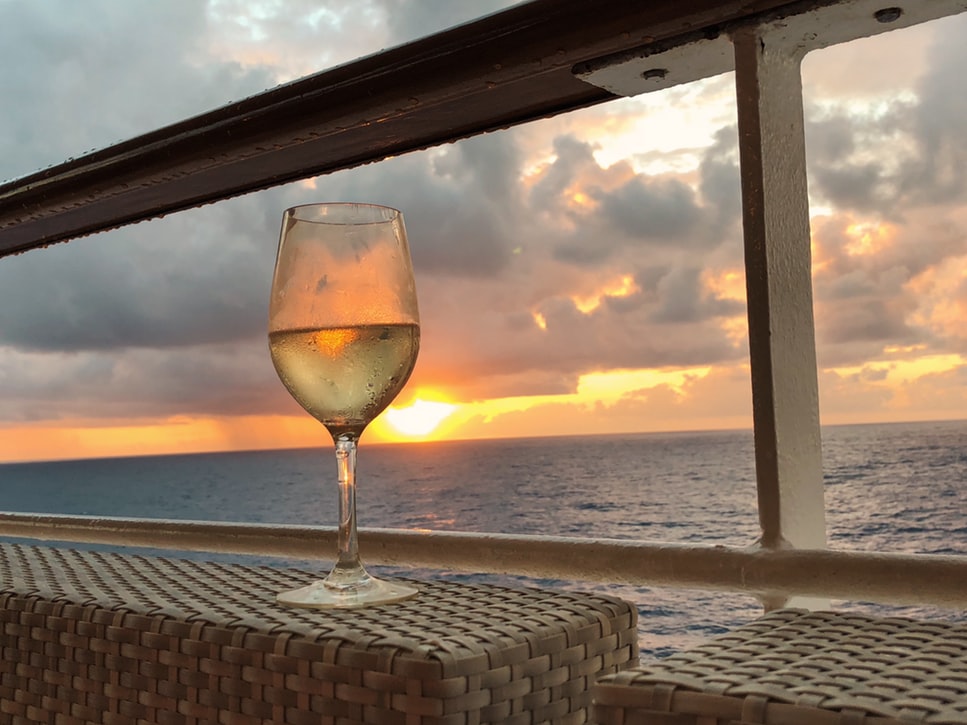 A wine glass on a cruise ship. 