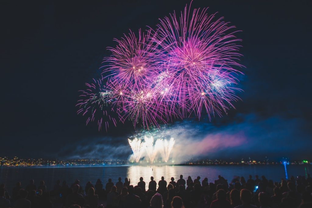 Fireworks over a body of water at a holiday event.