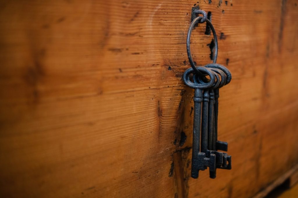 Old keys hanging up in an escape room. 