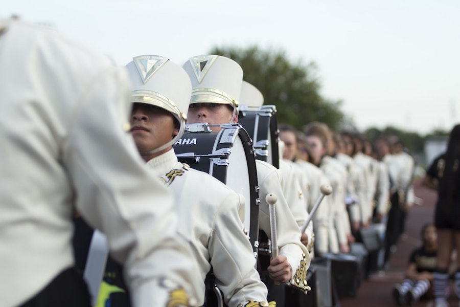 A marching band in a parade. 